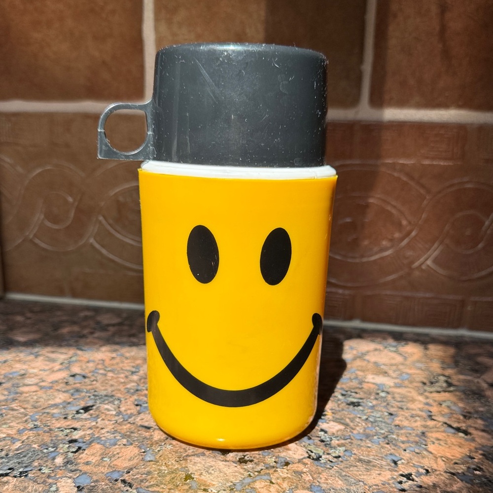 Vintage Yellow Smiley Face Thermos with Black Lid / Cup